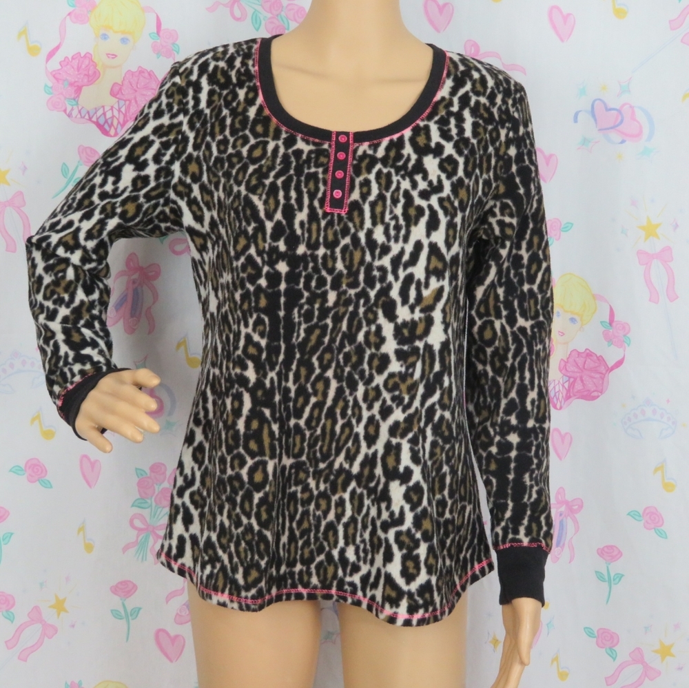 Leopard PJ Shirt Warm Long Sleeve Pullover Cheetah Fleece Cute Y2k